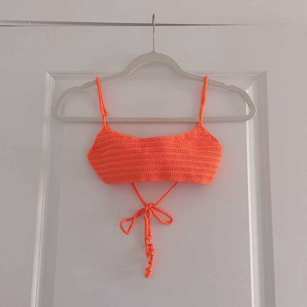 SKIMS Crochet Bikini Top Neon Strappy Beach Washed Look Tie On Bandeau Coastal